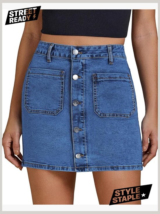 Dresses & Skirts - High Waisted Denim Mini Skirt Stretchy Pencil Fit Button Front Pockets